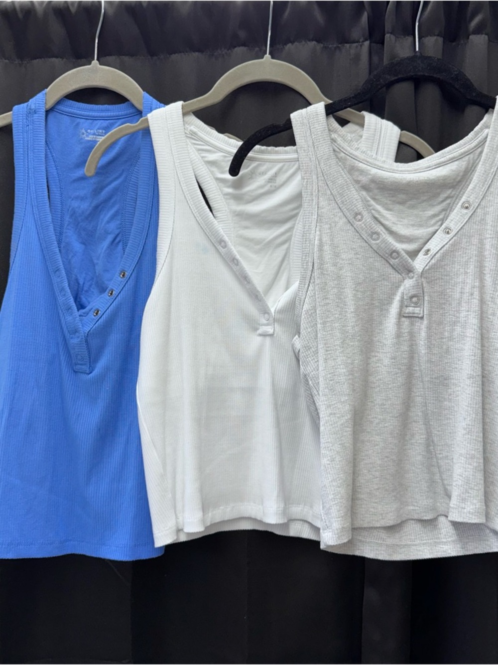 aerie Snap-Front Ribbed Tank Trio - Blue, White, Light Gray